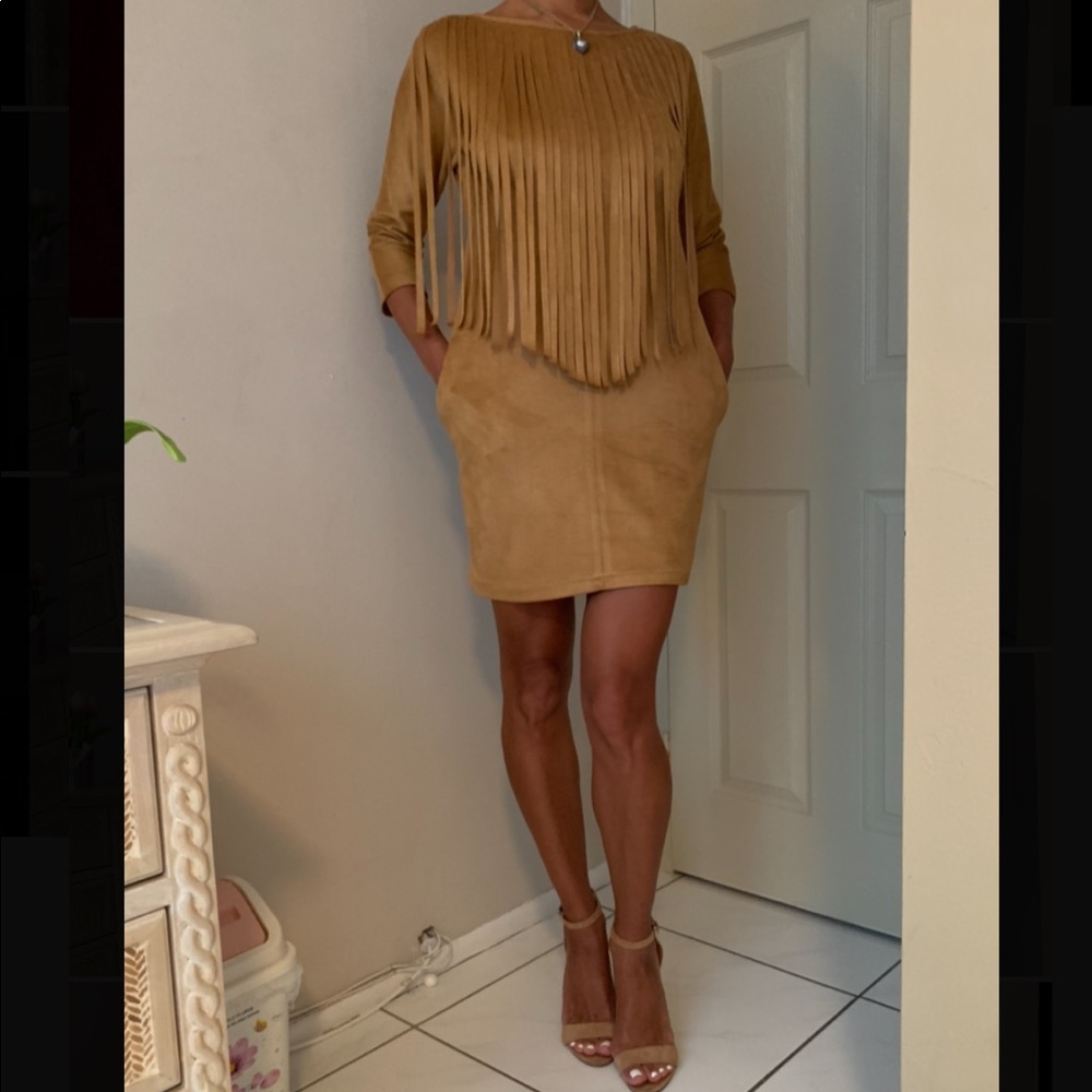 FAUX SUEDE CAMEL FRINGED DRESS WITH POCKETS
